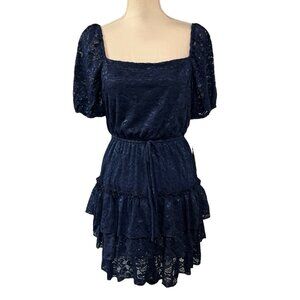 City Triangles Dress Womens M Blue Lace Tiered Mini Puff Sleeve Homecoming Event